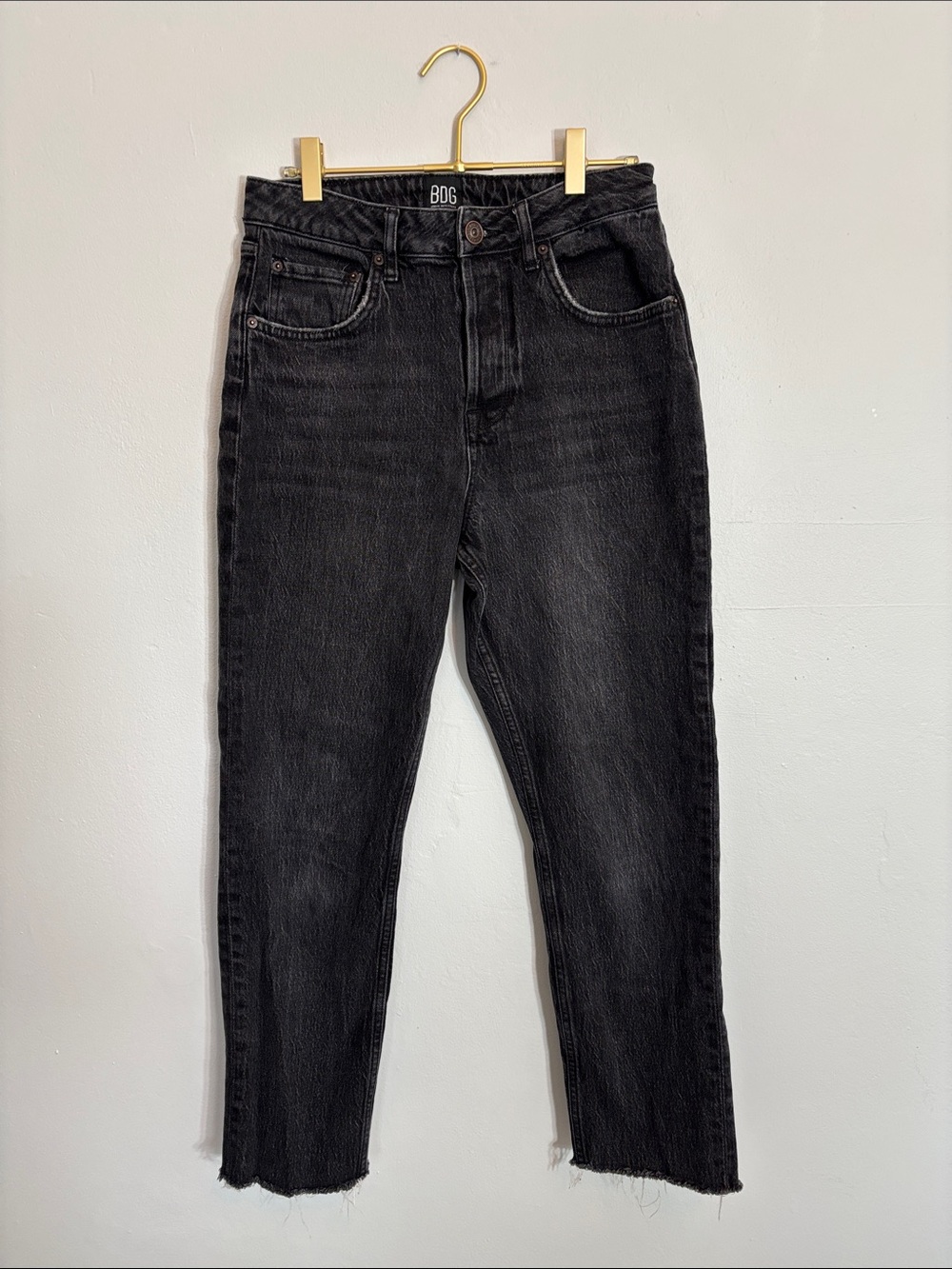 BDG Washed Black High-Rise Raw Hem Straight Jeans